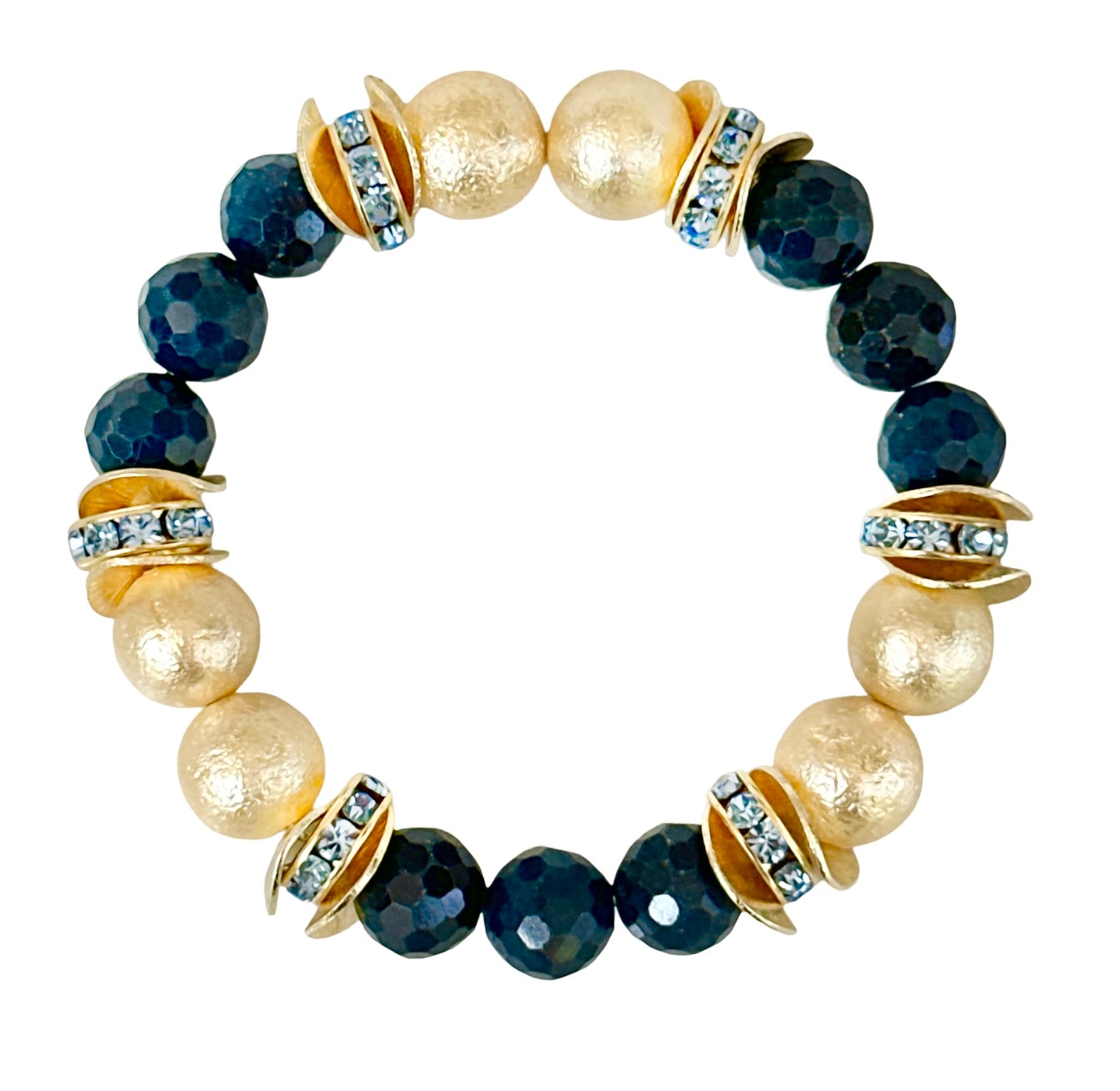 NAVY BLUE FACETED GEMSTONE, GOLD WAVY DISC BANGLE WITH GOLD AND CRYSTAL ACCENTS