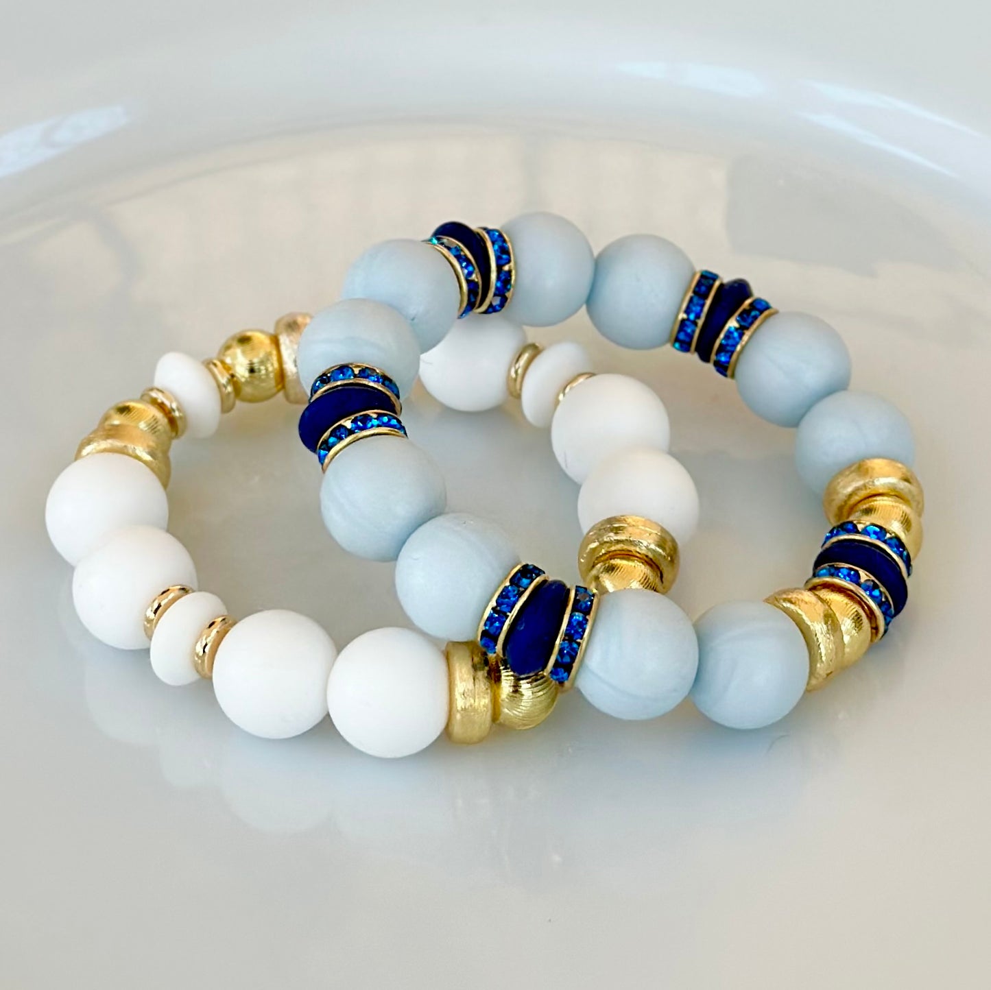 LIGHT BLUE BANGLE WITH GOLD, NAVY BLUE AND CZ ACCENTS