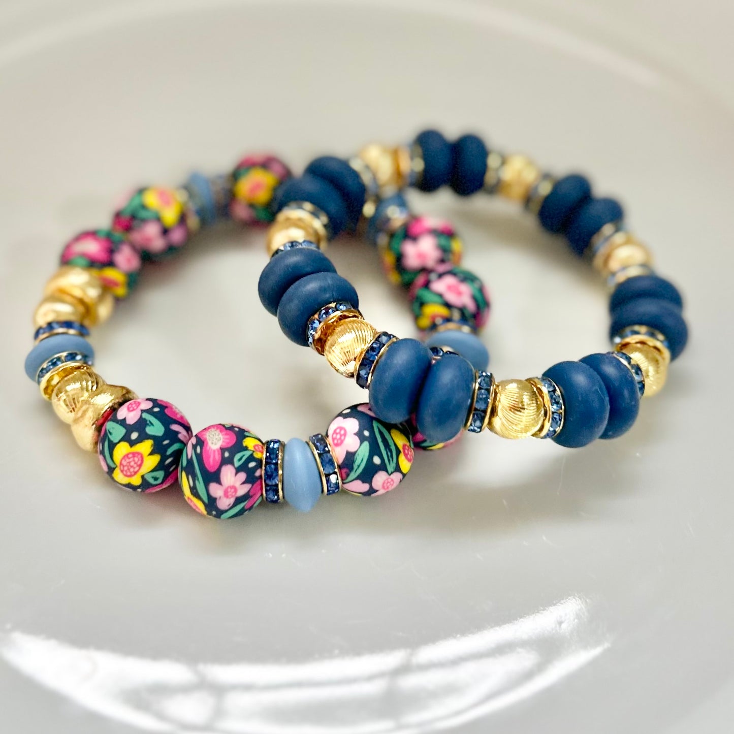 PINK AND NAVY FLORAL BANGLE WITH GOLD AND CZ ACCENTS