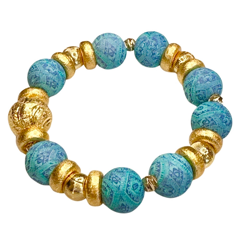 TURQUOISE QUILT PATTERN BANGLE WITH GOLD AND CZ