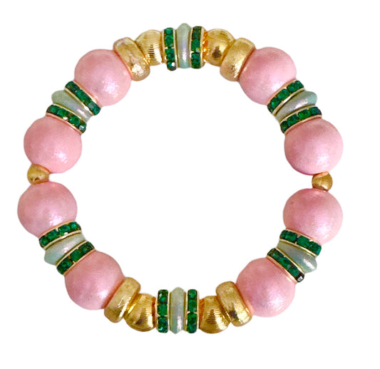 OPALIZED PINK BANGLE WITH GOLD, GREEN AND CZ ACCENTS
