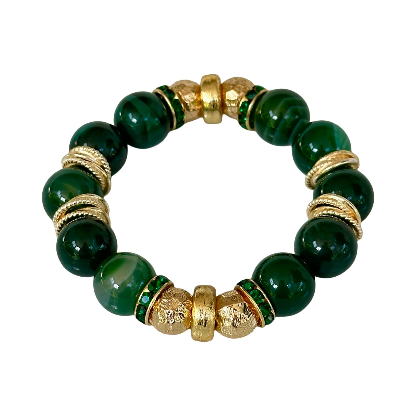 GREEN AGATE GEMSTONE BANGLE WITH GOLD AND CRYSTAL ACCENTS