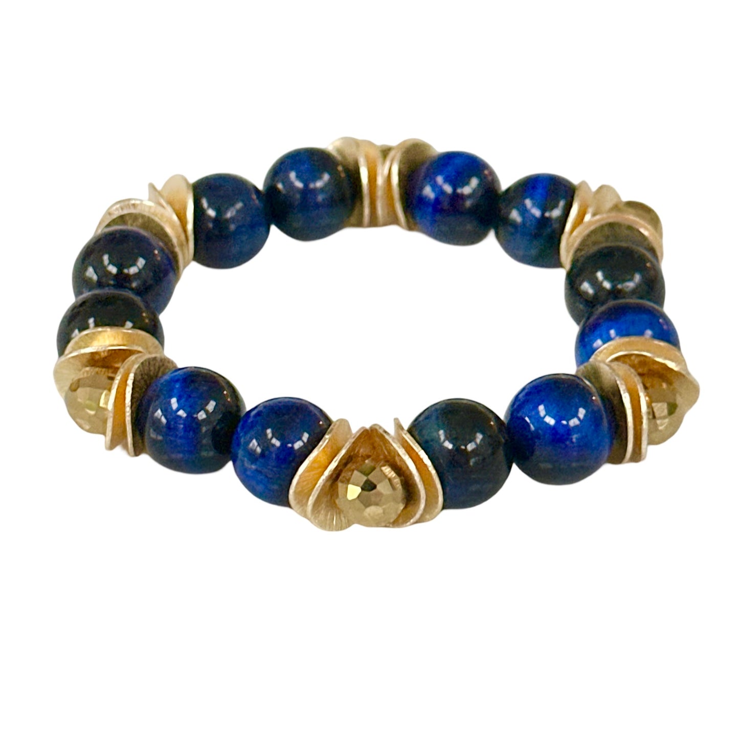 SAPPHIRE TIGERS EYE GEMSTONE BANGLE WITH GOLD WAVY DISC AND CRYSTAL ACCENTS