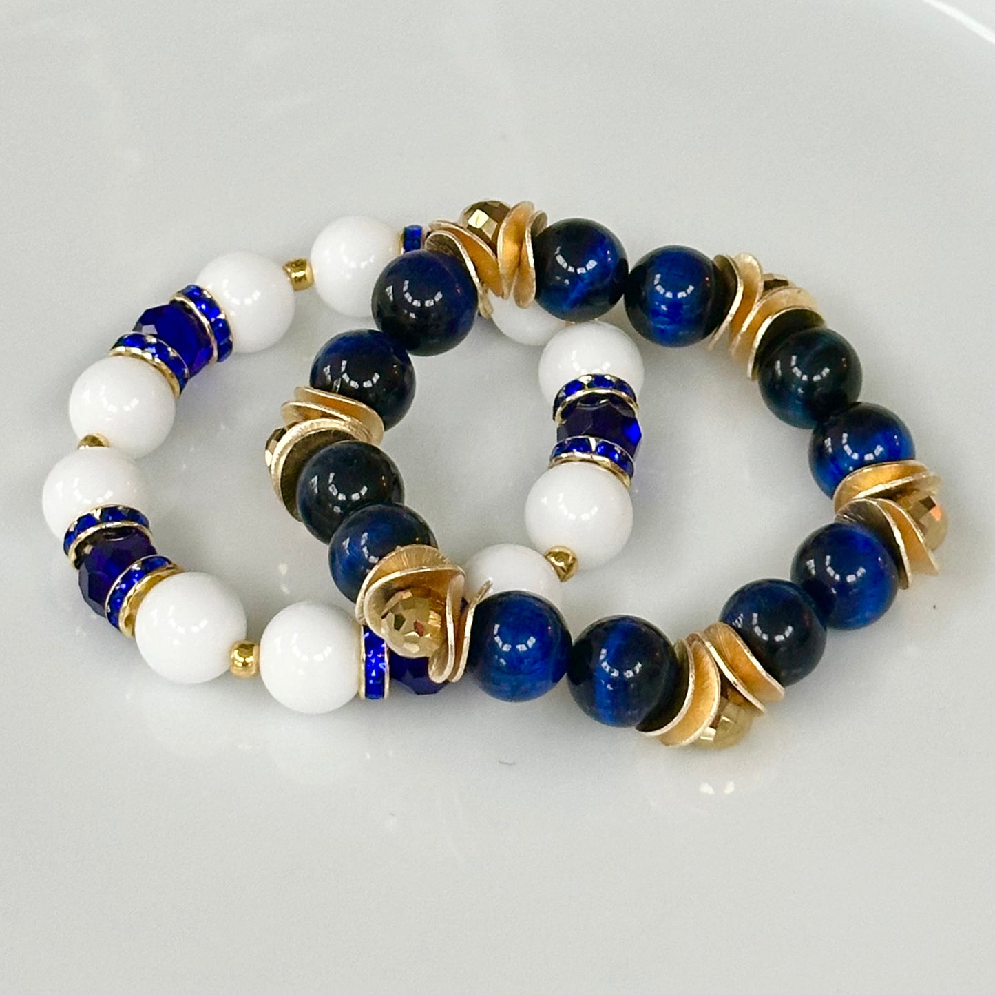 SAPPHIRE TIGERS EYE GEMSTONE BANGLE WITH GOLD WAVY DISC AND CRYSTAL ACCENTS