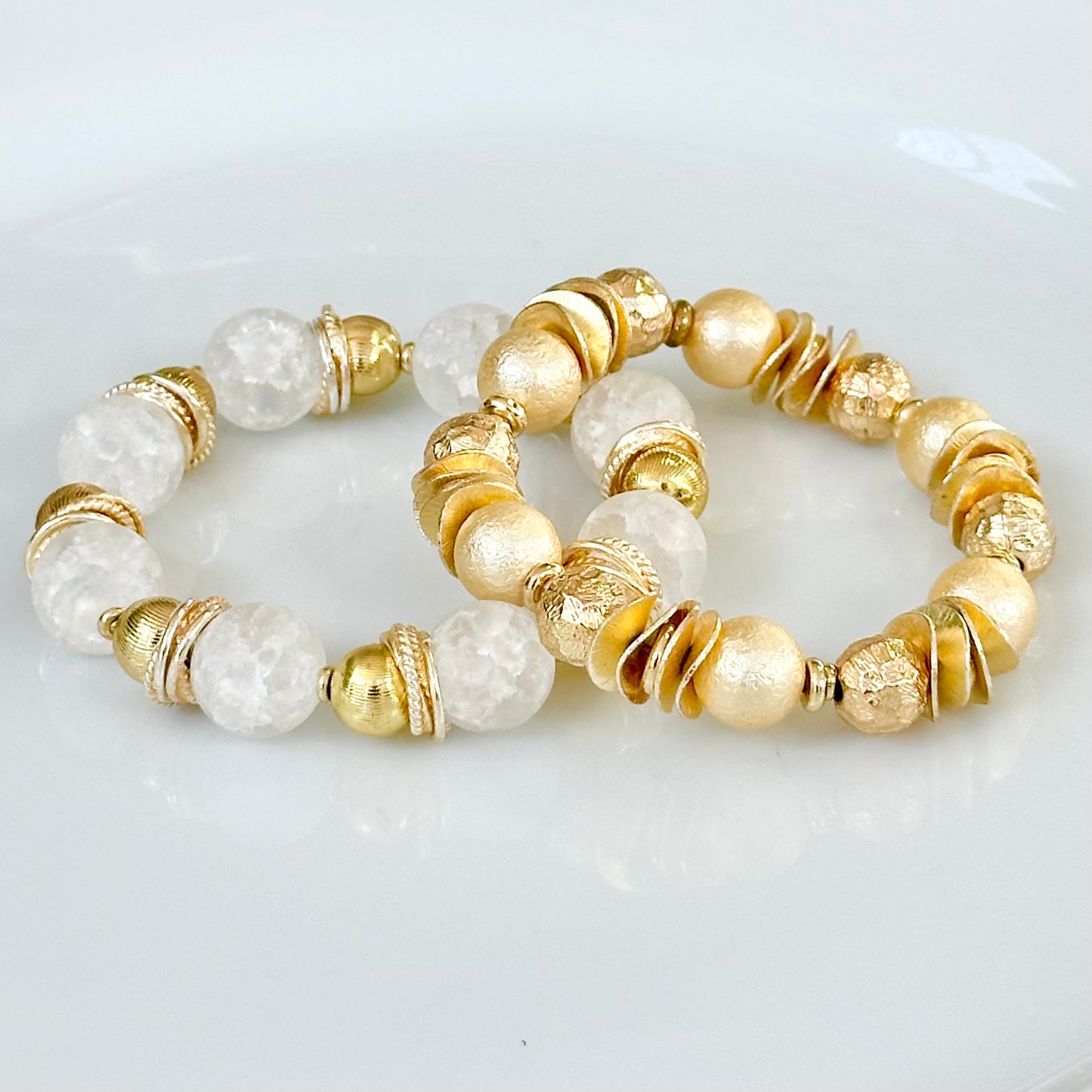WHITE CRACKLE QUARTZ GEMSTONE BANGLE WITH GOLD ACCENTS