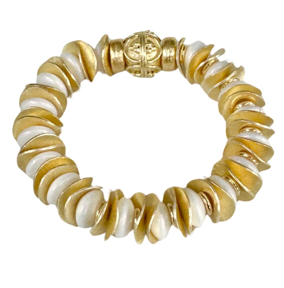 NEW! GOLD WAVY DISC AND WHITE OPALIZED STATEMENT BRACELET