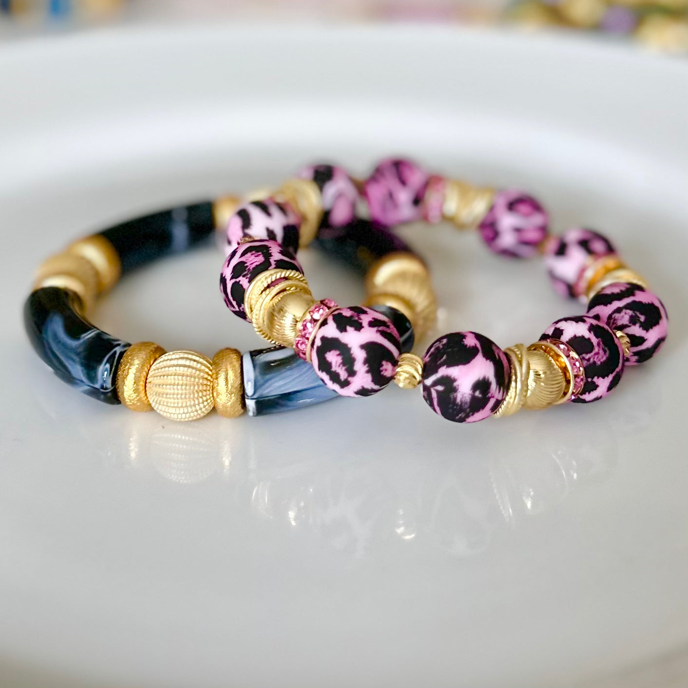 PINK AND BLACK CHEETAH BANGLE WITH GOLD ACCENTS