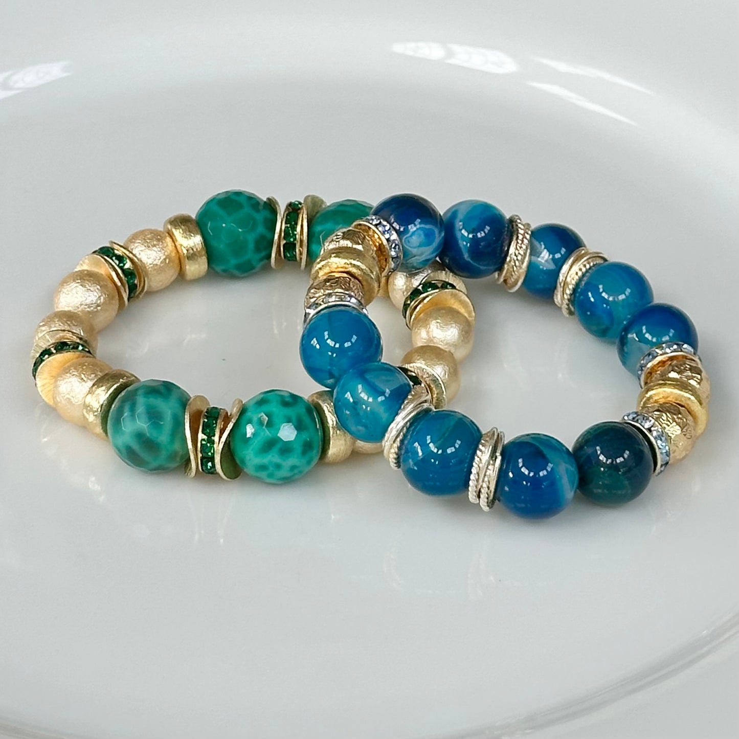 GREEN AGATE GEMSTONE BANGLE WITH GOLD AND CRYSTAL ACCENTS