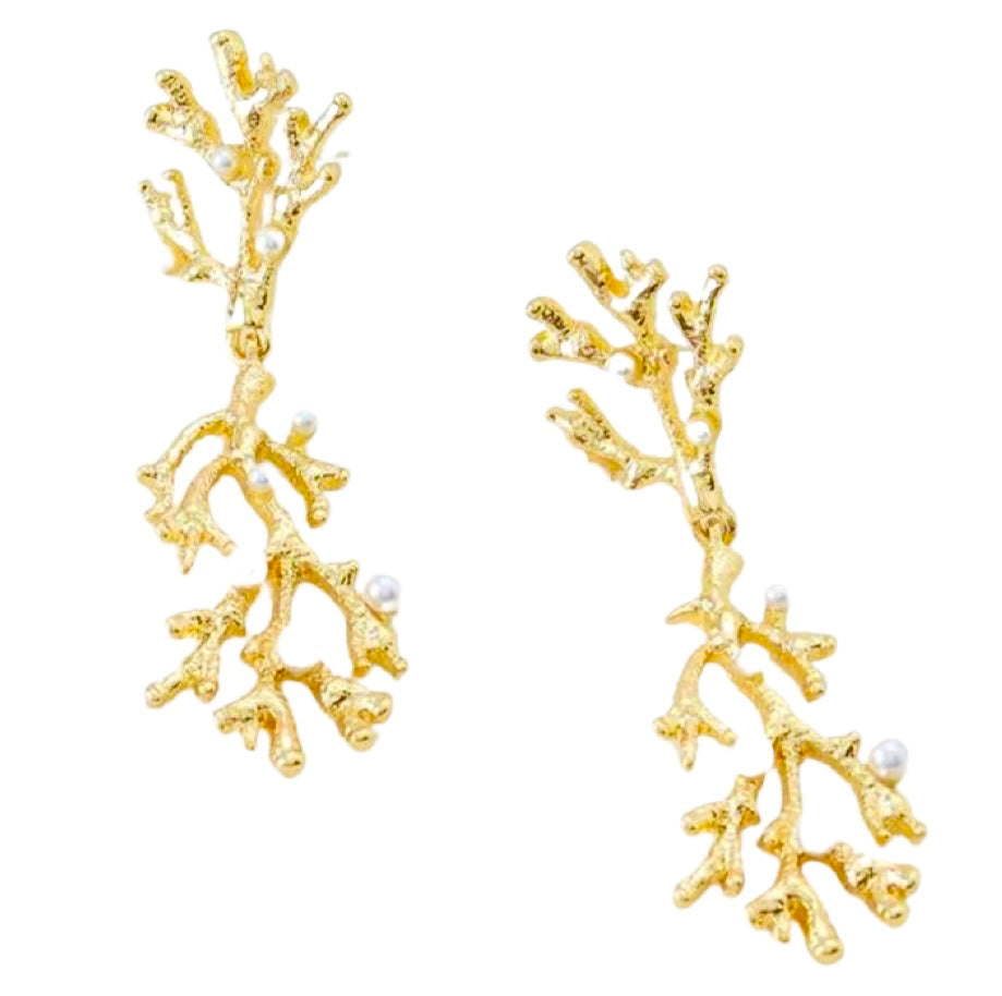 CORAL BRANCH GOLD AND PRARL EARRING