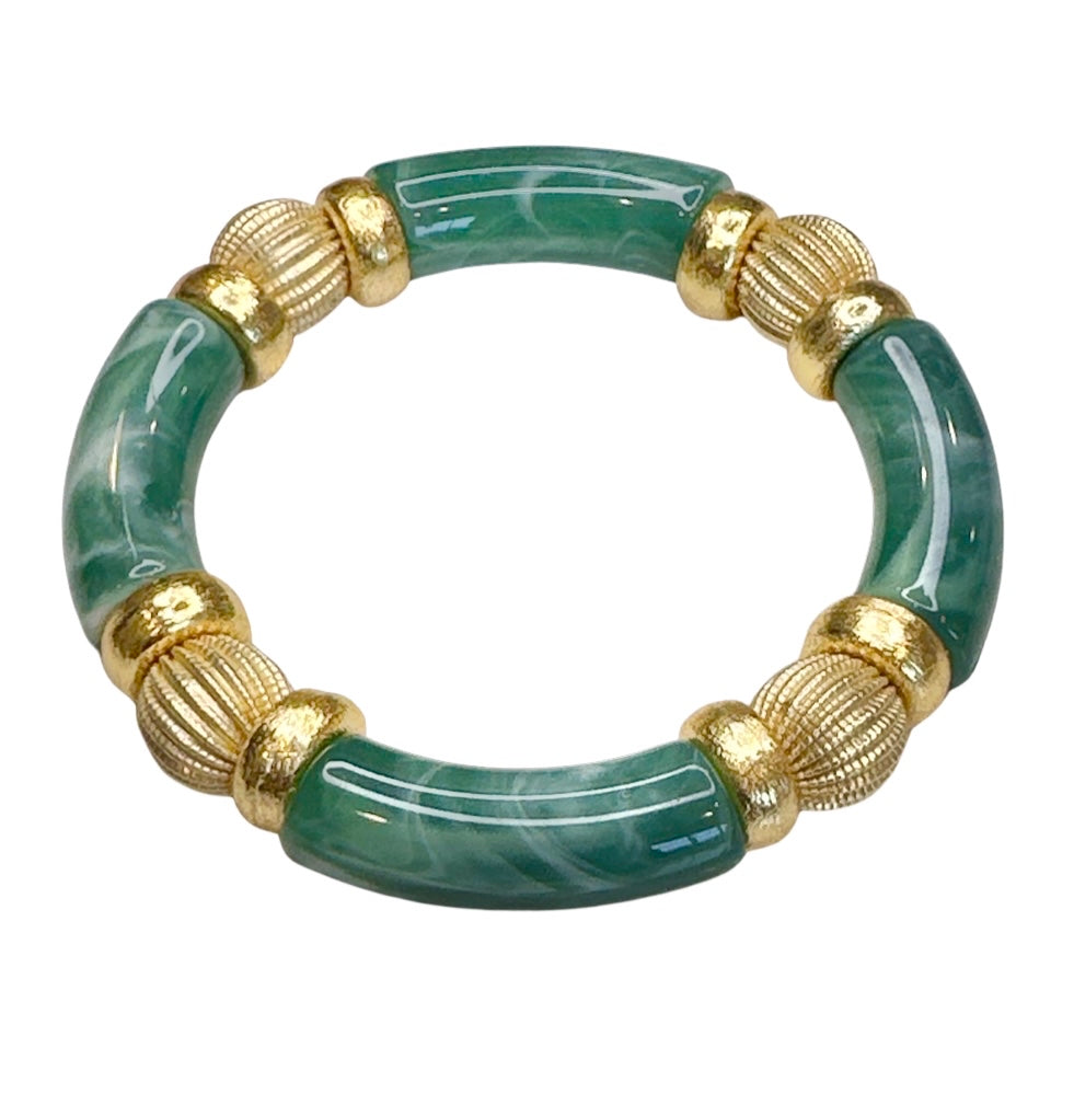 GREEN MARBLE LINK BANGLE WITH CZ AND GOLD ACCENTS