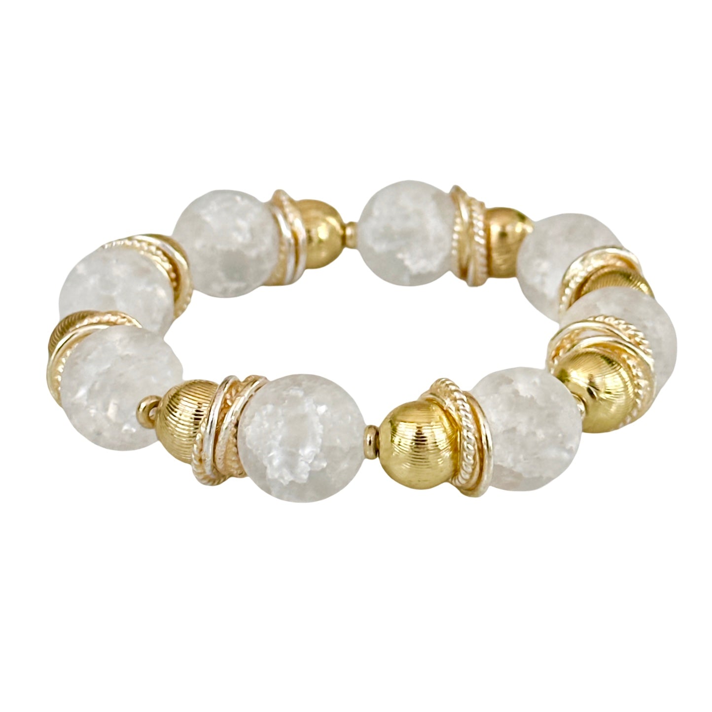 WHITE CRACKLE QUARTZ GEMSTONE BANGLE WITH GOLD ACCENTS