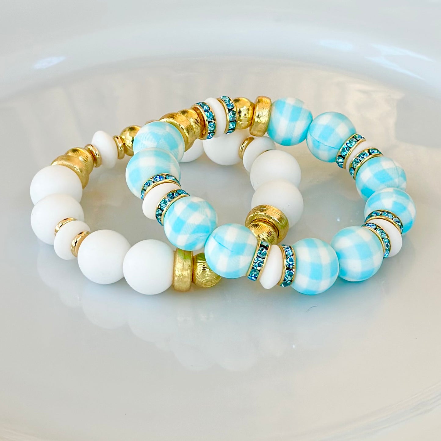 LIGHT BLUE AND TURQUOISE PLAID BANGLE WITH GOLD AND TURQUOISE CZ ACCENTS