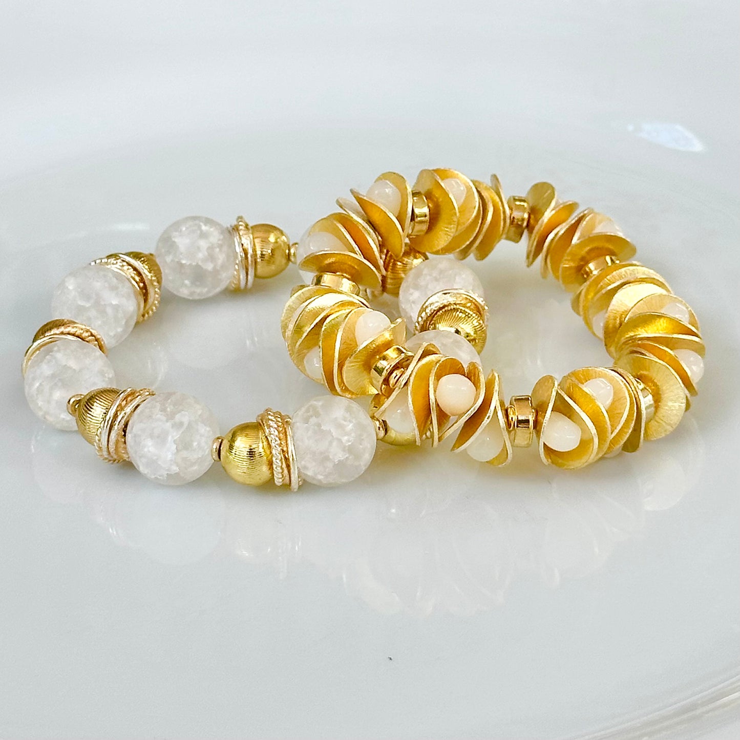 WHITE CRACKLE QUARTZ GEMSTONE BANGLE WITH GOLD ACCENTS