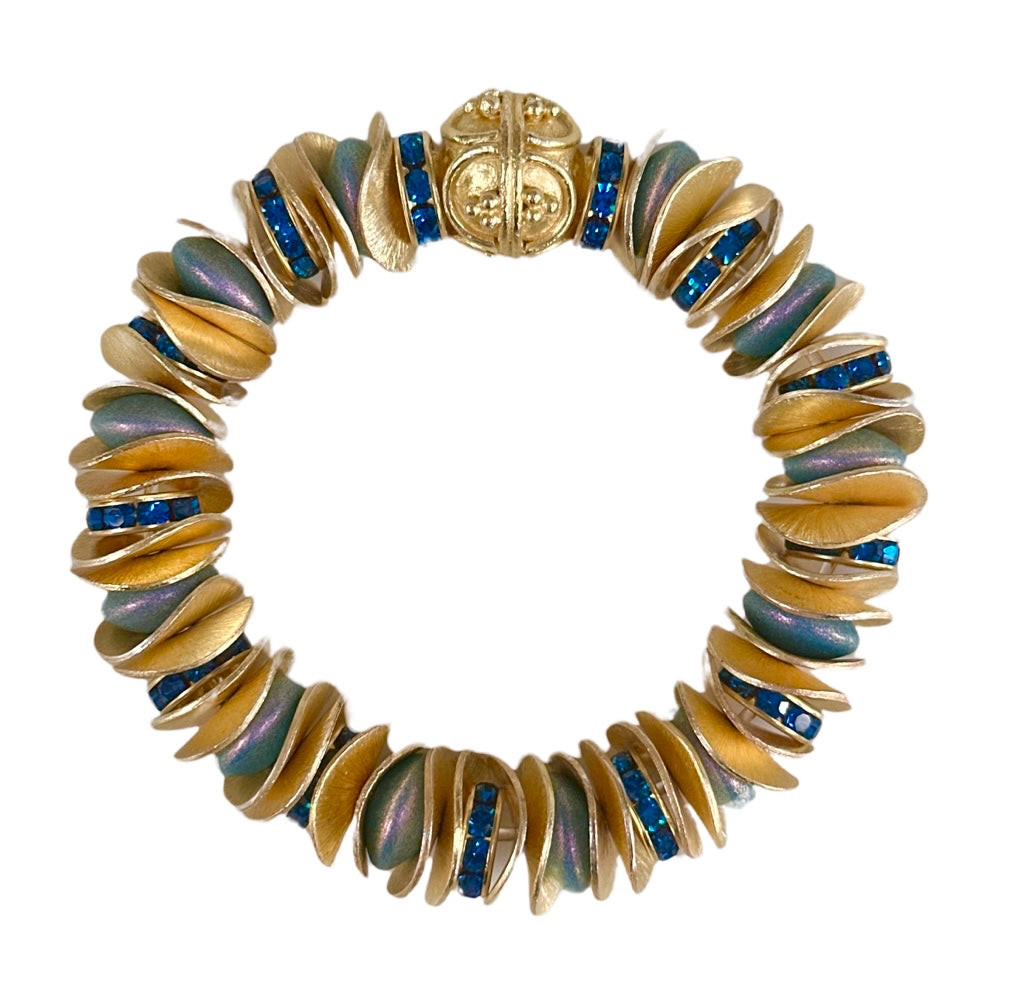 NEW! GOLD WAVY DISC AND BLUE OPALIZED STATEMENT BRACELET