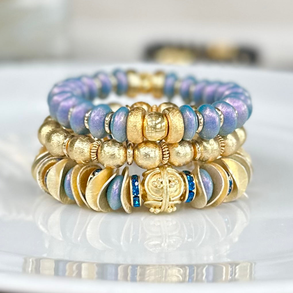 NEW! OPALIZED STEEL BLUE COIL BRACELET WITH GOLD ACCENTS