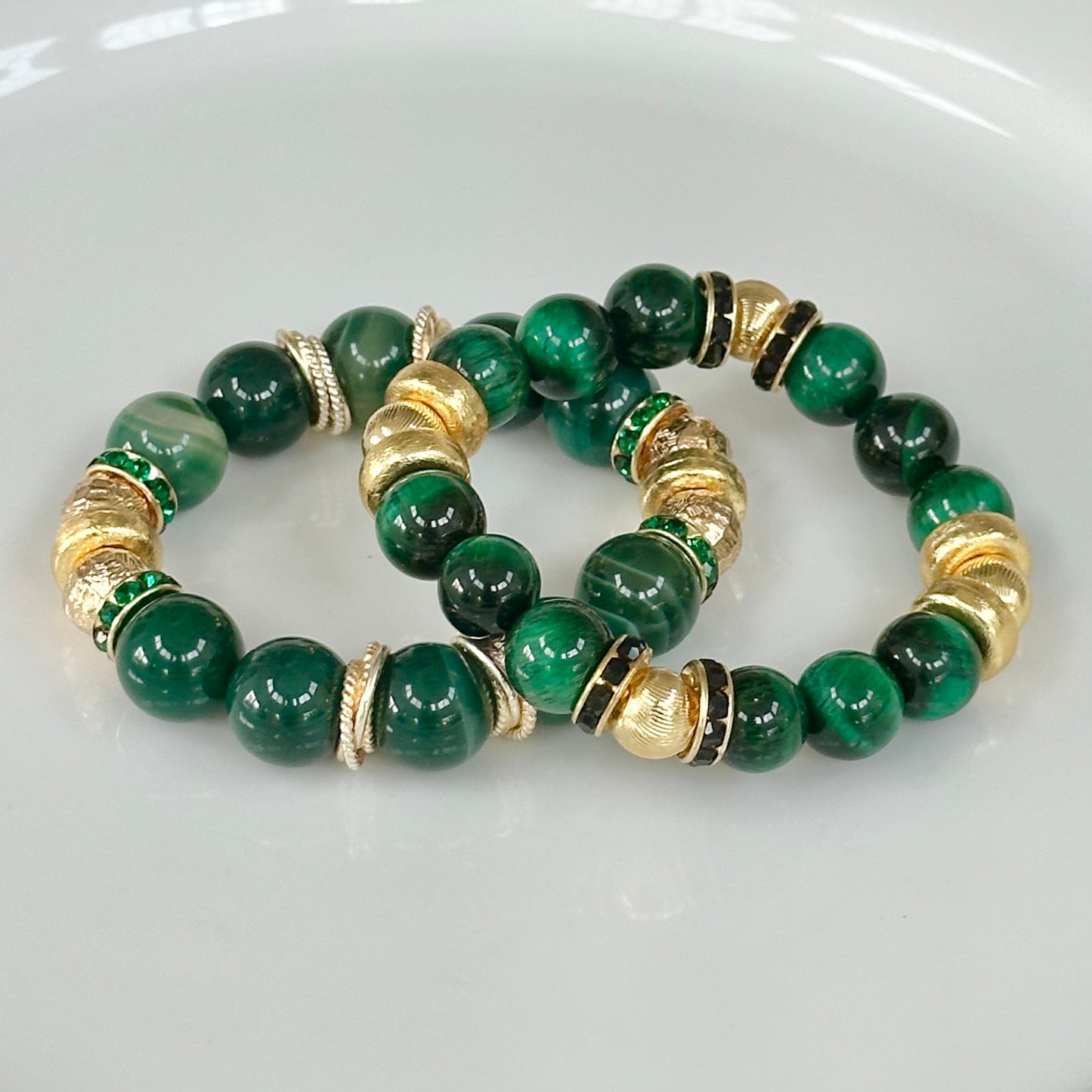 GREEN AGATE GEMSTONE BANGLE WITH GOLD AND CRYSTAL ACCENTS