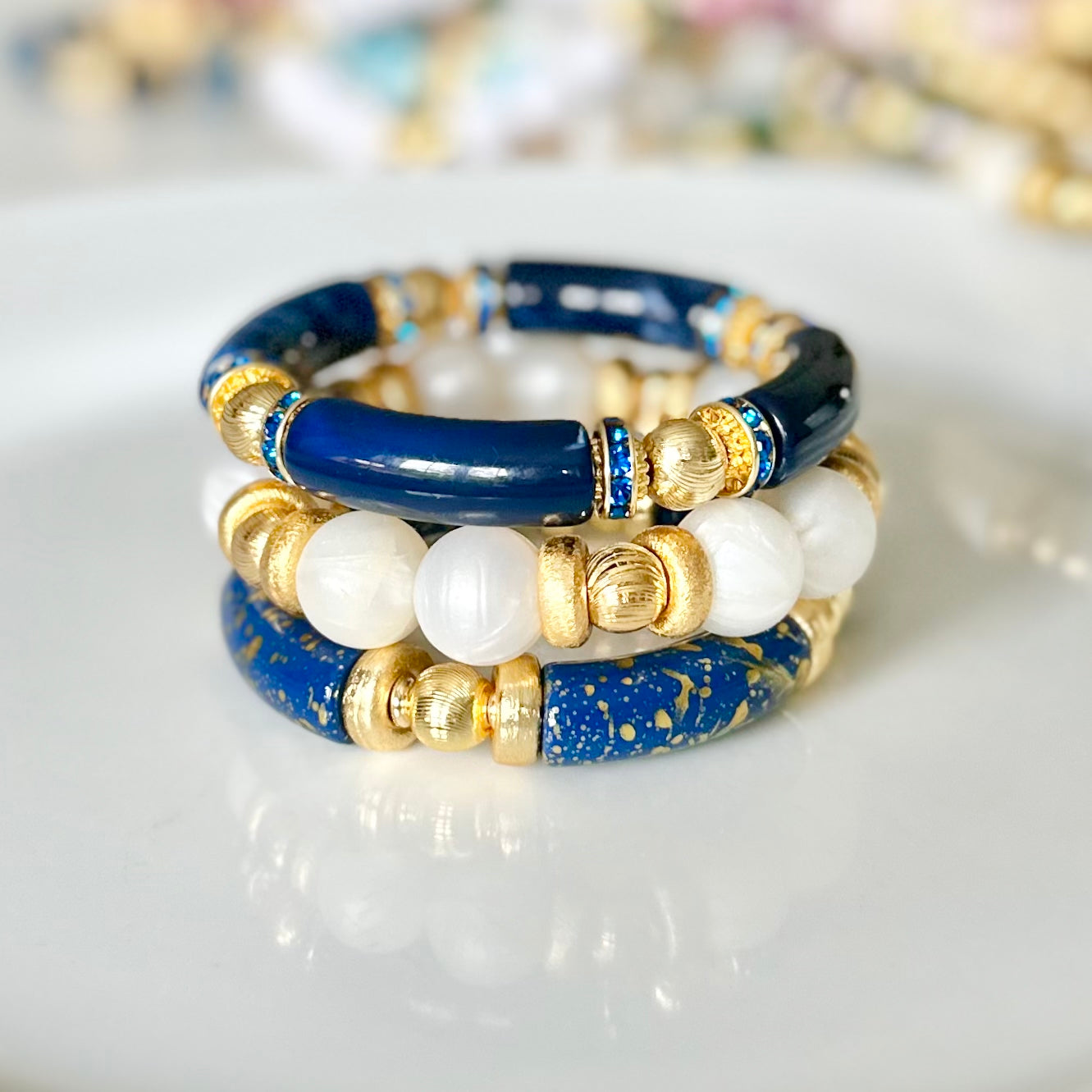 NAVY BLUE AND GOLD LINK BRACELET WITH CZ ACCENTS