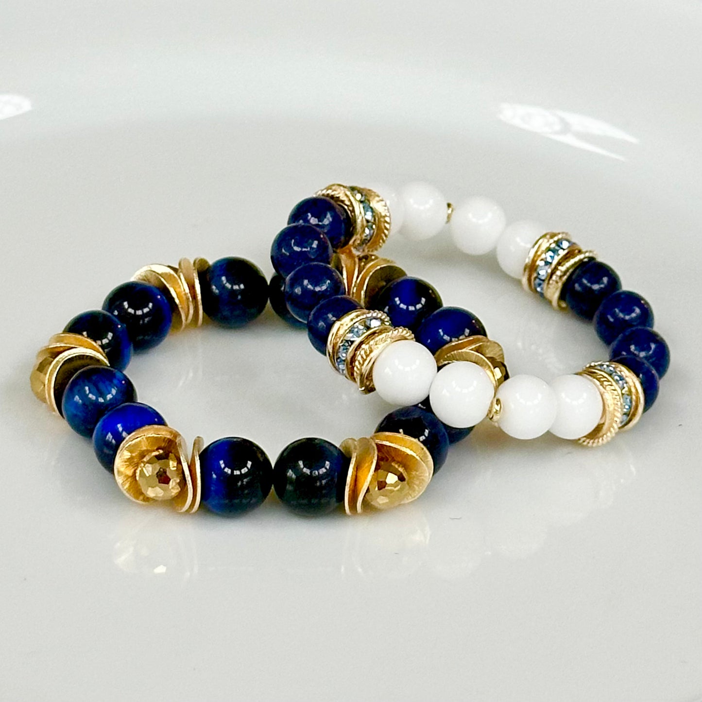 SAPPHIRE TIGERS EYE GEMSTONE BANGLE WITH GOLD WAVY DISC AND CRYSTAL ACCENTS