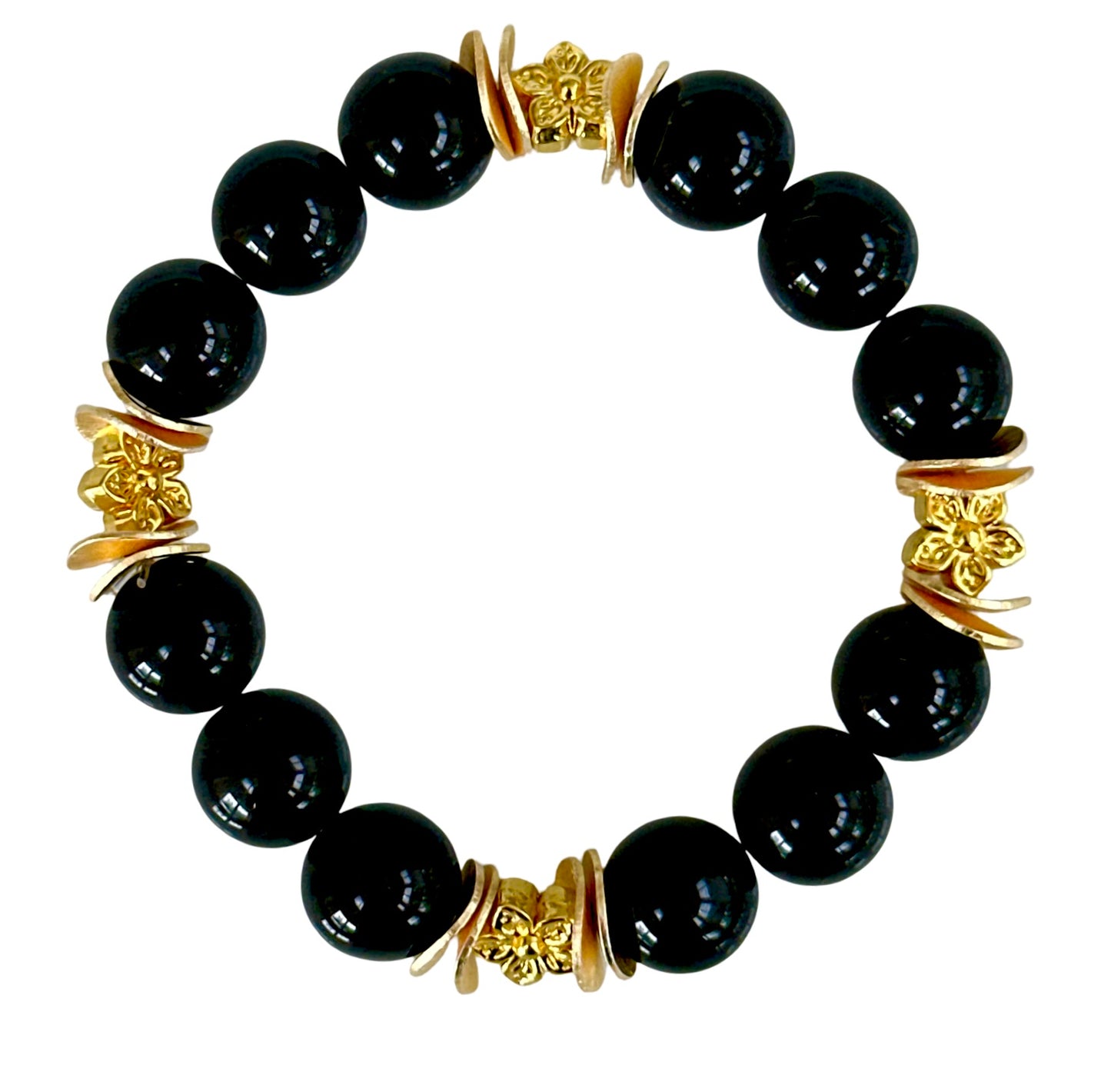 BLACK ONYX GEMSTONE BANGLE WITH GOLD WAVY DISC AND FLOWER ACCENTS