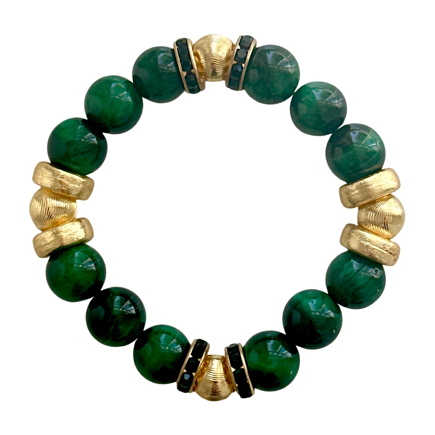 GREEN AND BLACK AGATE GEMSTONE BANGLE WITH GOLD AND CRYSTAL ACCENTS