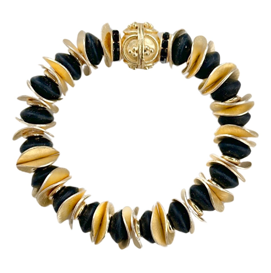 NEW! GOLD WAVY DISC AND BLACK STATEMENT BRACELET