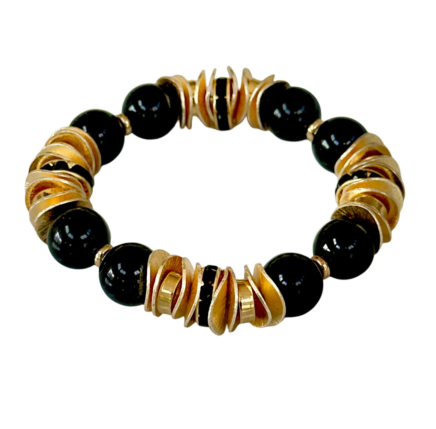 BLACK ONYX GEMSTONE BANGLE WITH GOLD WAVY DISC SND CRYSTAL ACCENTS