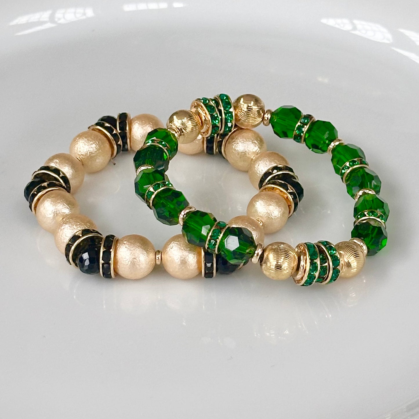 EMERALD FACETED BEADED BANGLE WITH GOLD AND CRYSTAL ACCENTS