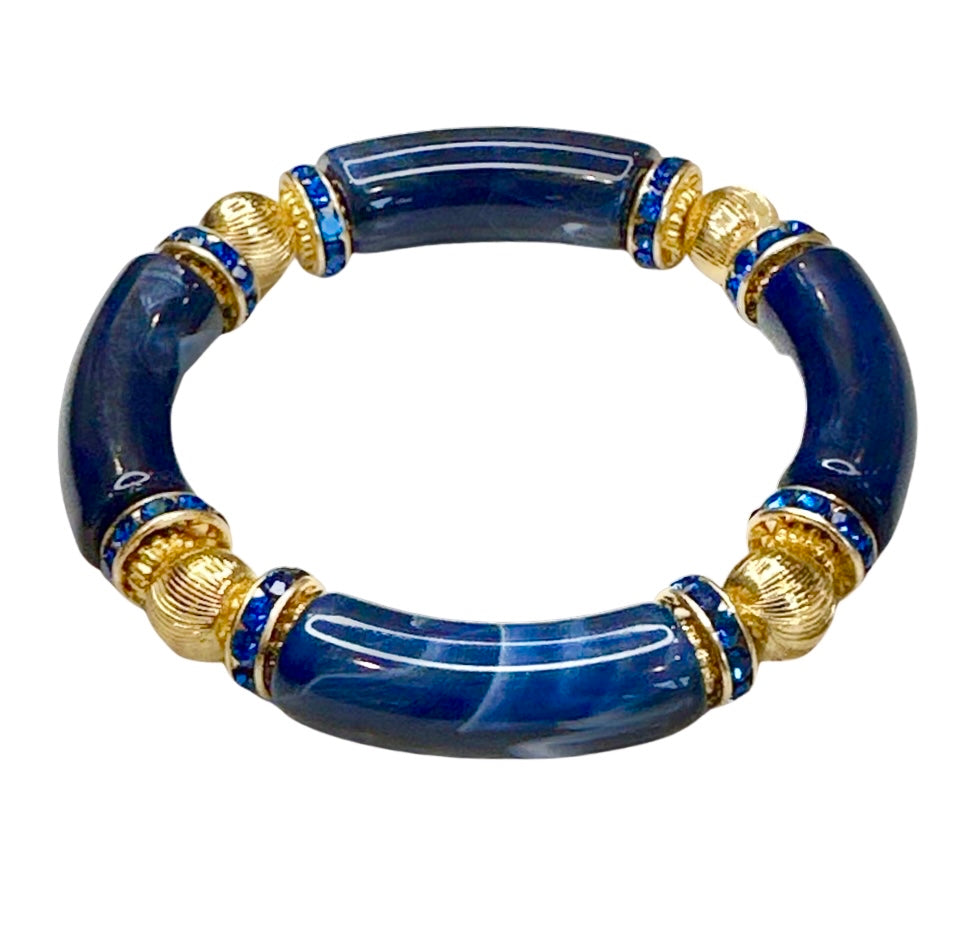 NAVY BLUE AND GOLD LINK BRACELET WITH CZ ACCENTS