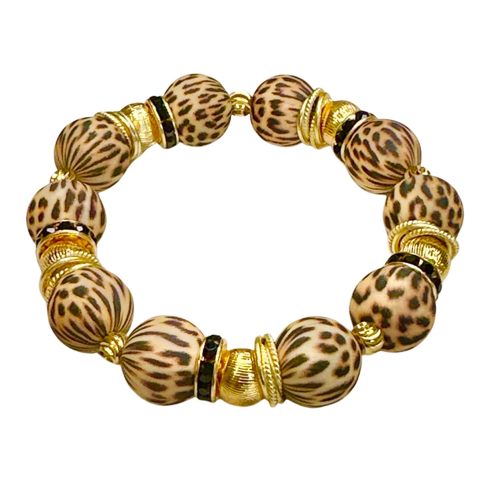 TAN AND BLACK CHEETAH PATTERN BANGLE WITH GOLD ACCENTS