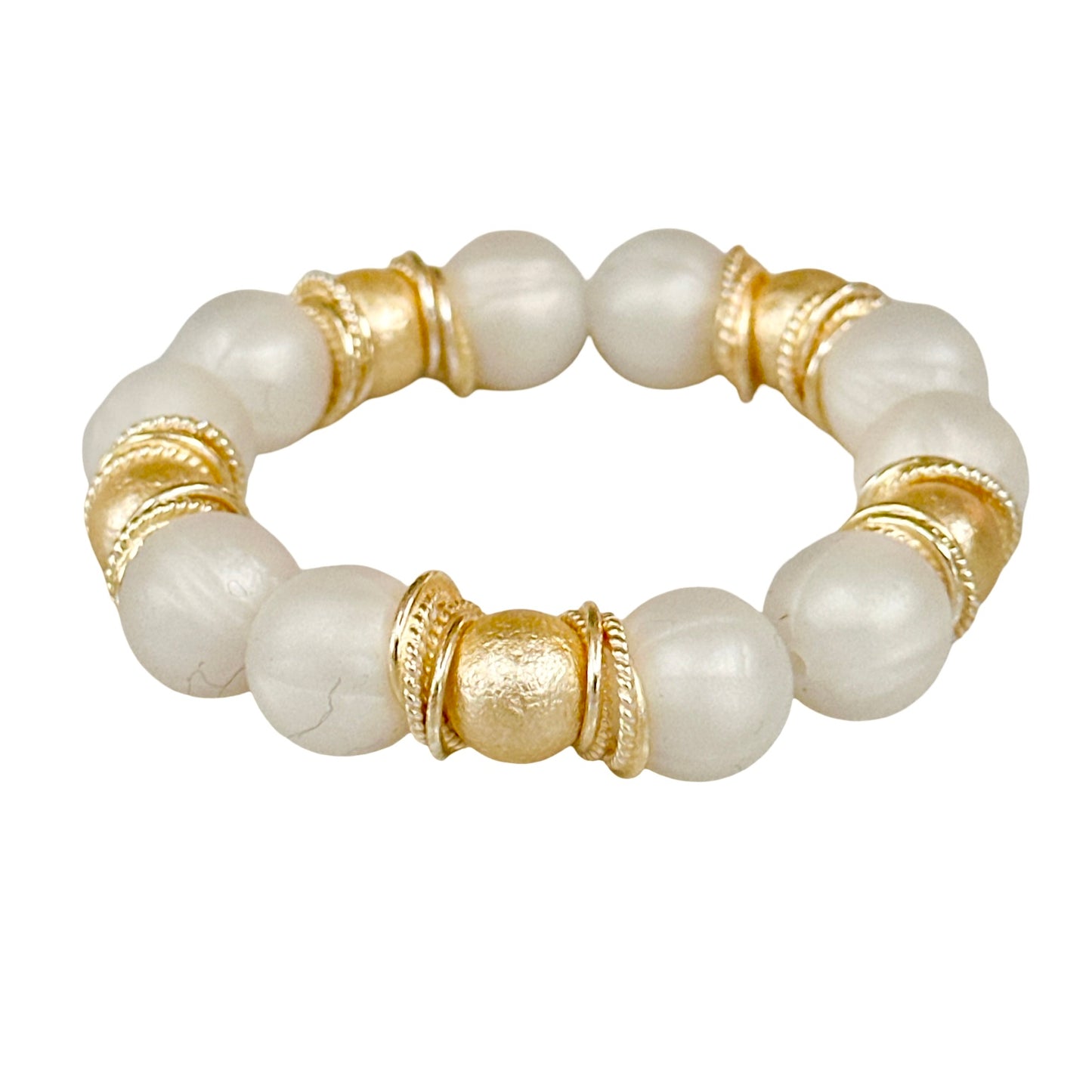 PEARLIZED IVORY BEADING BANGLE WITH SHELL PEARL AND GOLD ACCENTS