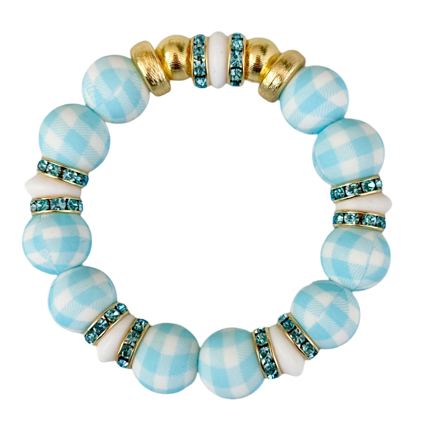 LIGHT BLUE AND TURQUOISE PLAID BANGLE WITH GOLD AND TURQUOISE CZ ACCENTS