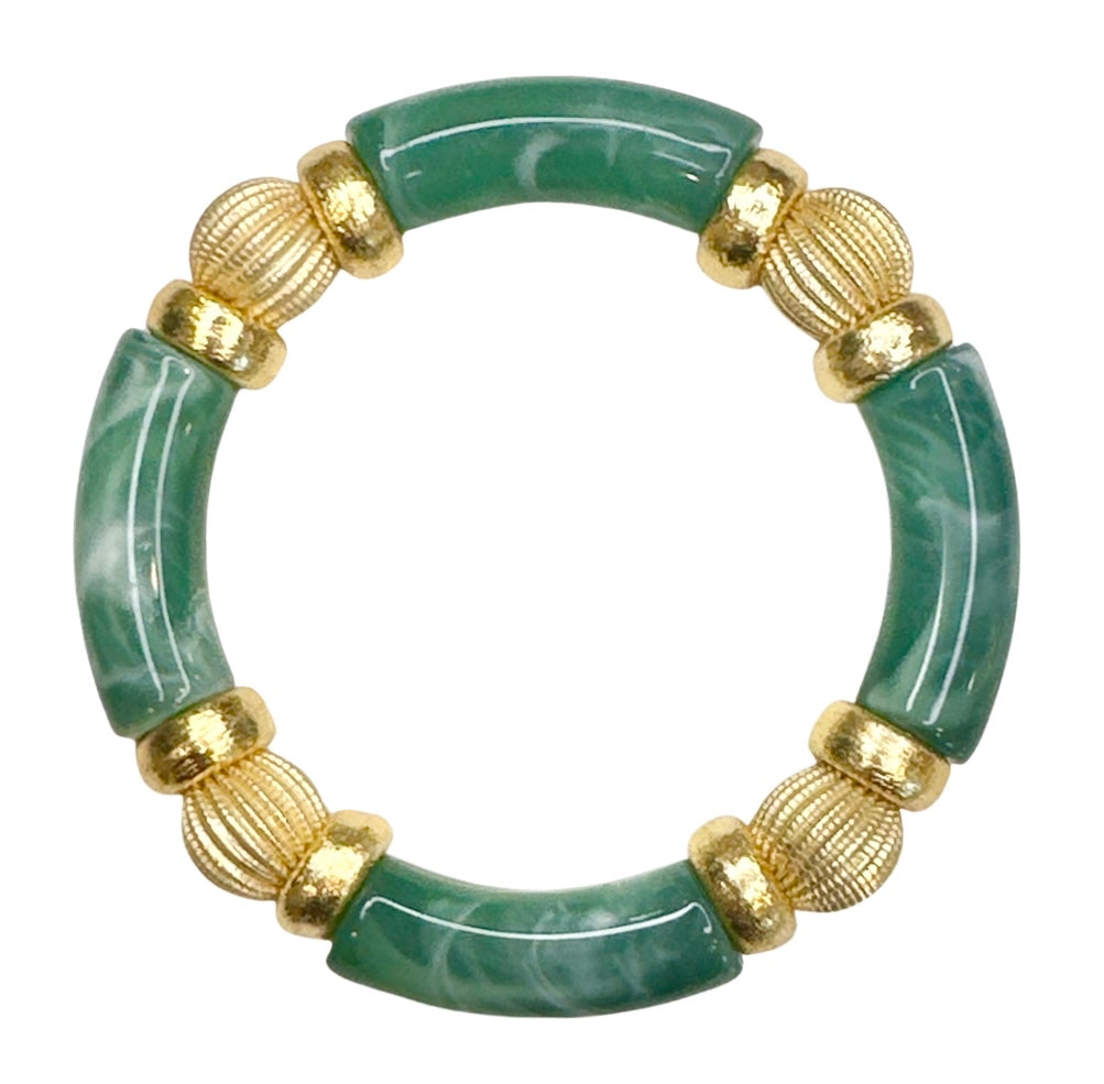 GREEN MARBLE LINK BANGLE WITH CZ AND GOLD ACCENTS