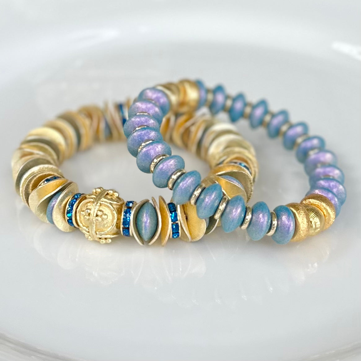 NEW! GOLD WAVY DISC AND BLUE OPALIZED STATEMENT BRACELET