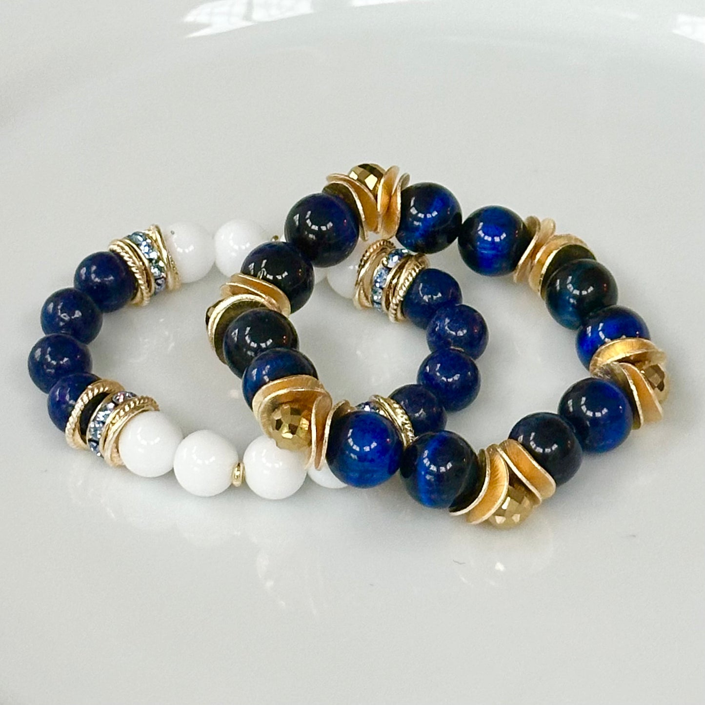 SAPPHIRE TIGERS EYE GEMSTONE BANGLE WITH GOLD WAVY DISC AND CRYSTAL ACCENTS