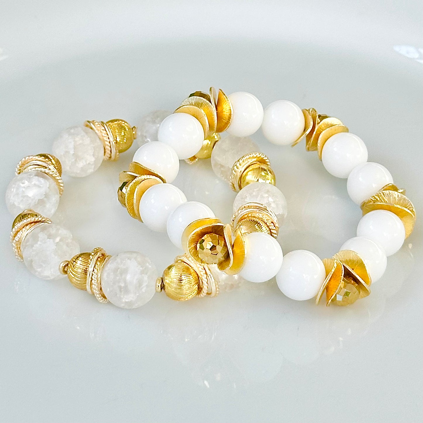 WHITE CRACKLE QUARTZ GEMSTONE BANGLE WITH GOLD ACCENTS