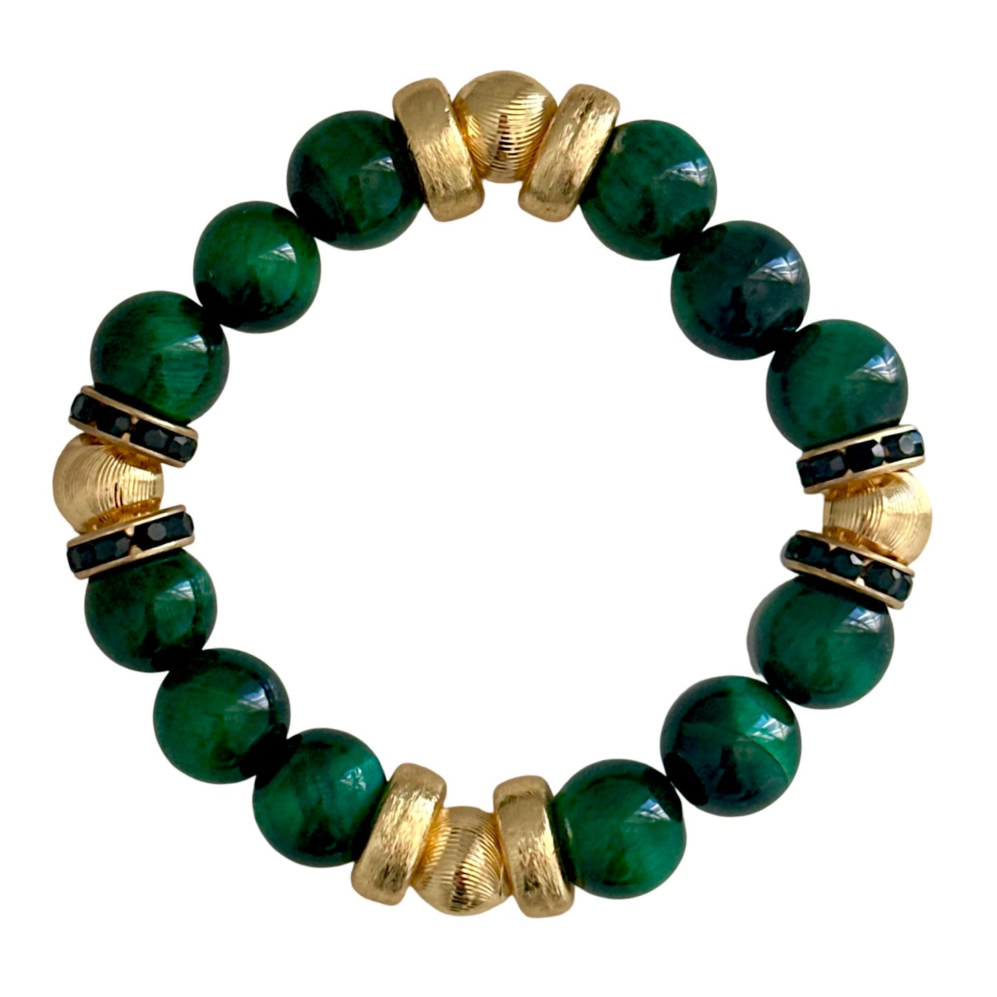 GREEN AND BLACK AGATE GEMSTONE BANGLE WITH GOLD AND CRYSTAL ACCENTS