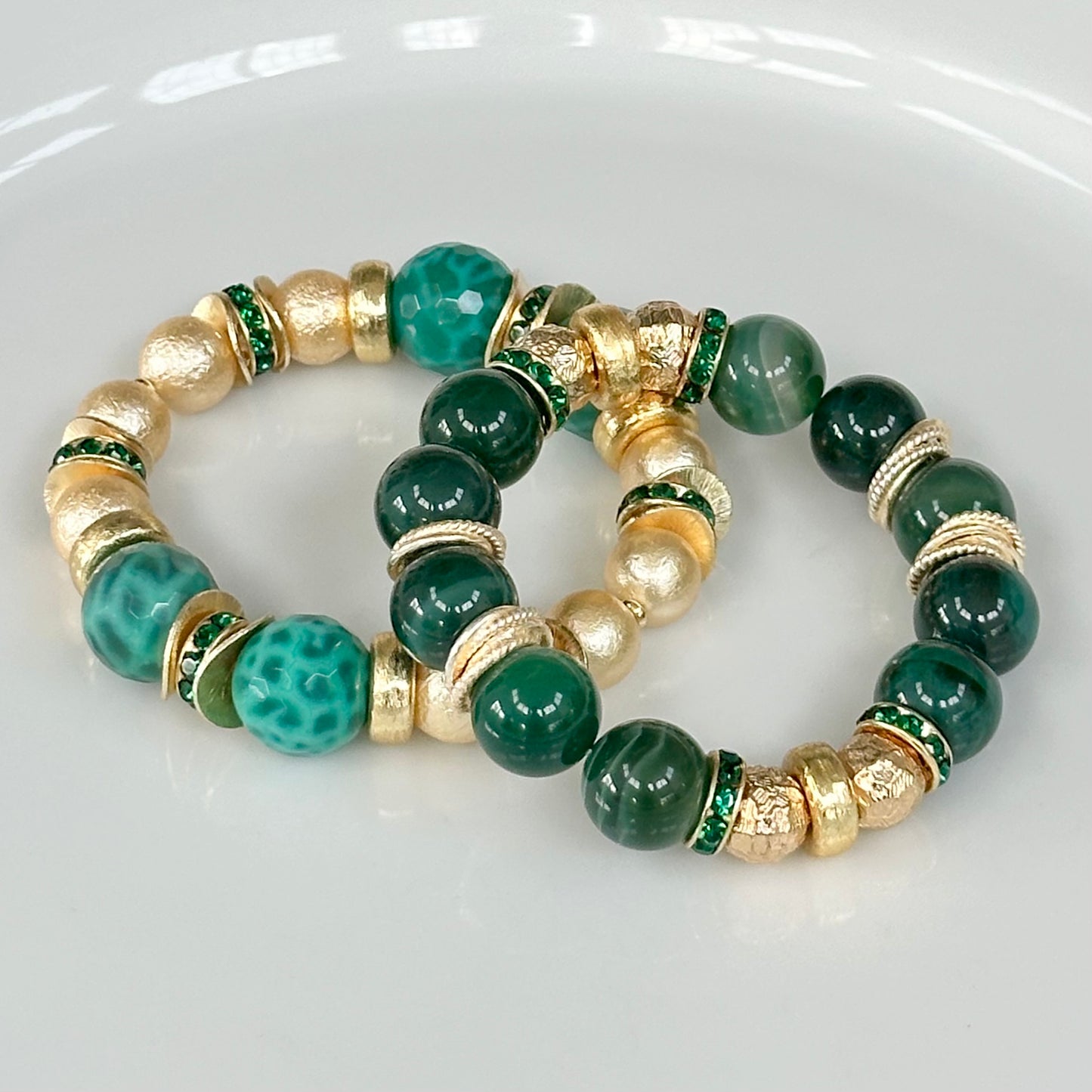 GREEN AGATE GEMSTONE BANGLE WITH GOLD AND CRYSTAL ACCENTS