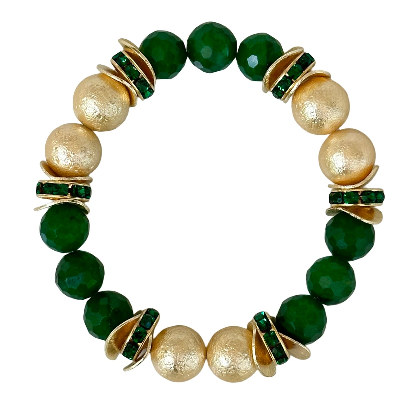 GREEN FACETED QUARTZ GEMSTONE BANGLE WITH GOLD SHELL PEARL AND WAVY DISC ACCENTS
