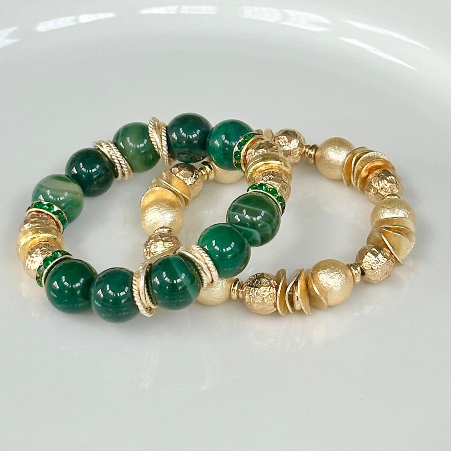 GREEN AGATE GEMSTONE BANGLE WITH GOLD AND CRYSTAL ACCENTS