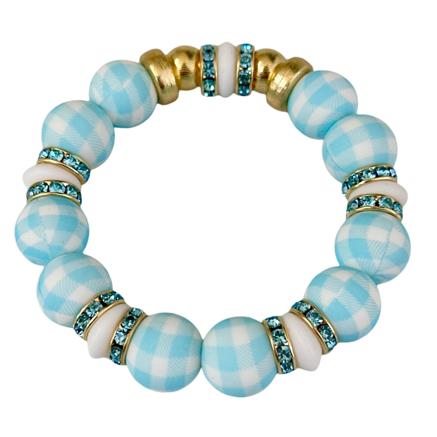 LIGHT BLUE AND TURQUOISE PLAID BANGLE WITH GOLD AND TURQUOISE CZ ACCENTS