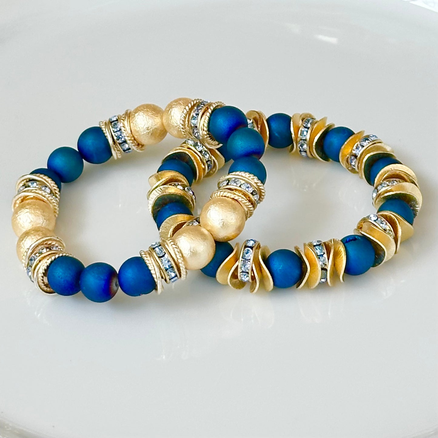 BLUE DRUZY AGATE GEMSTONE BANGLE WITH GOLD ACCENTS