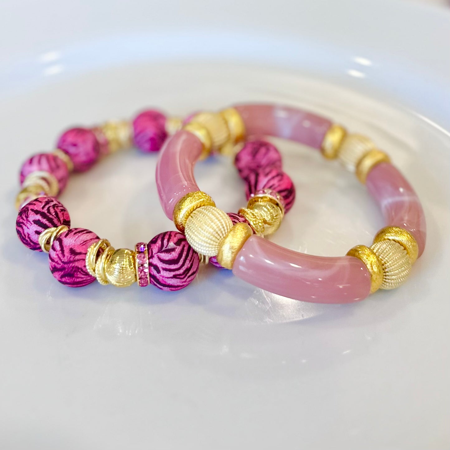 LIGHT PINK MARBLE LINK BRACELET WITH CZ ACCENTS