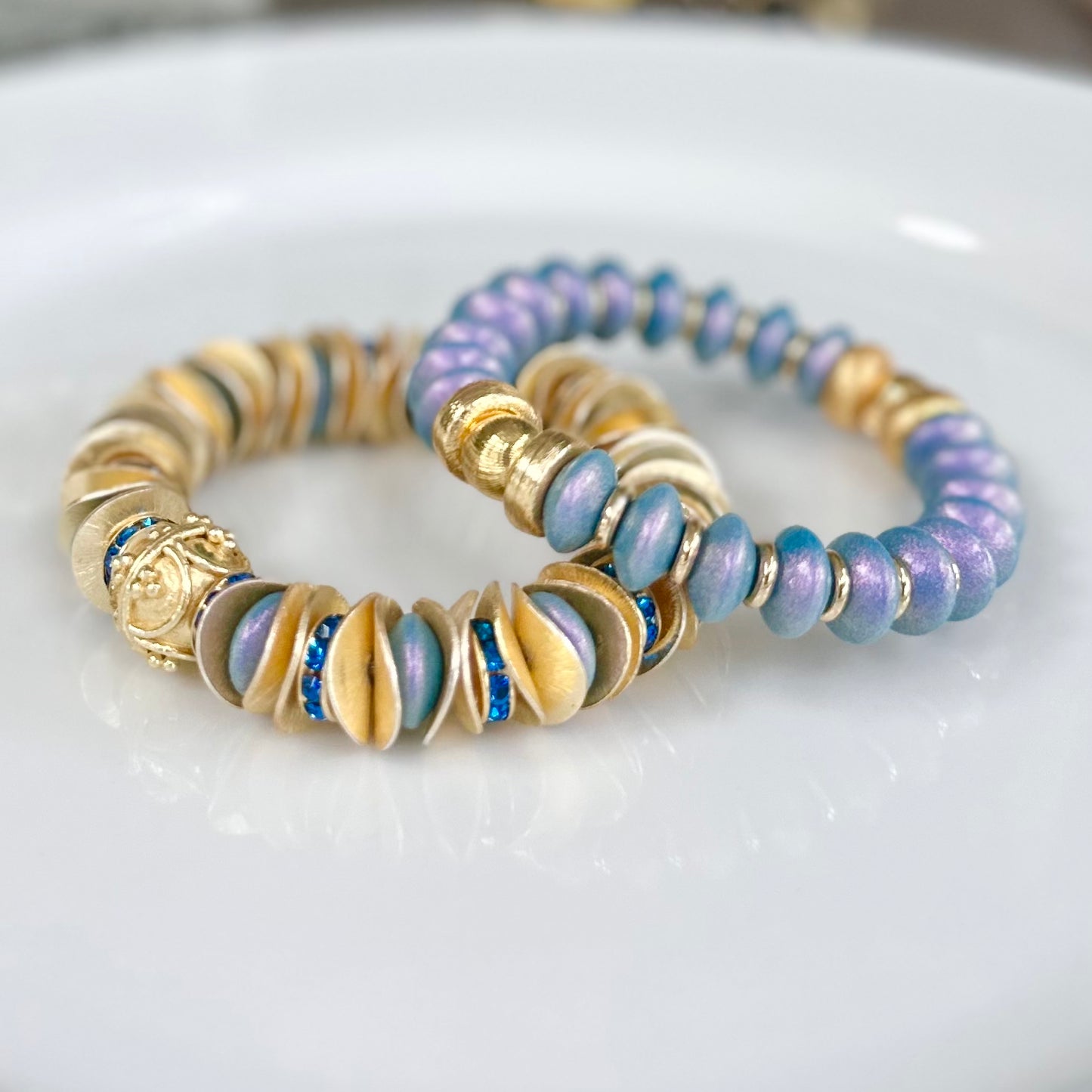 NEW! GOLD WAVY DISC AND BLUE OPALIZED STATEMENT BRACELET