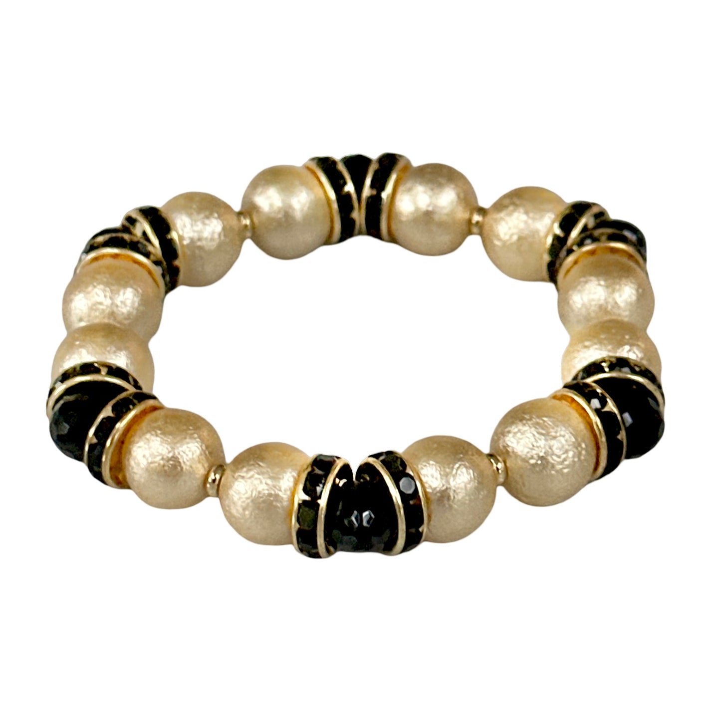 GOLD SHELL PEARL BANGLE WITH BLACK CRYSTAL ACCENTS