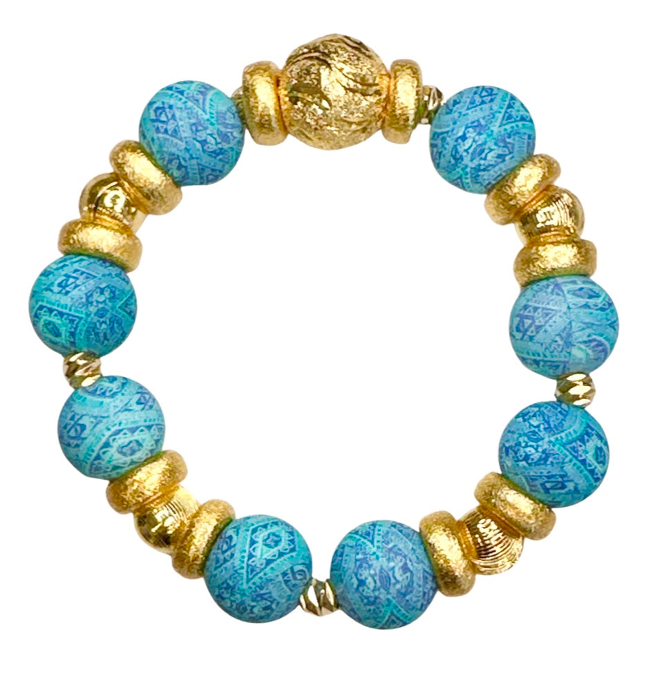 TURQUOISE QUILT PATTERN BANGLE WITH GOLD AND CZ