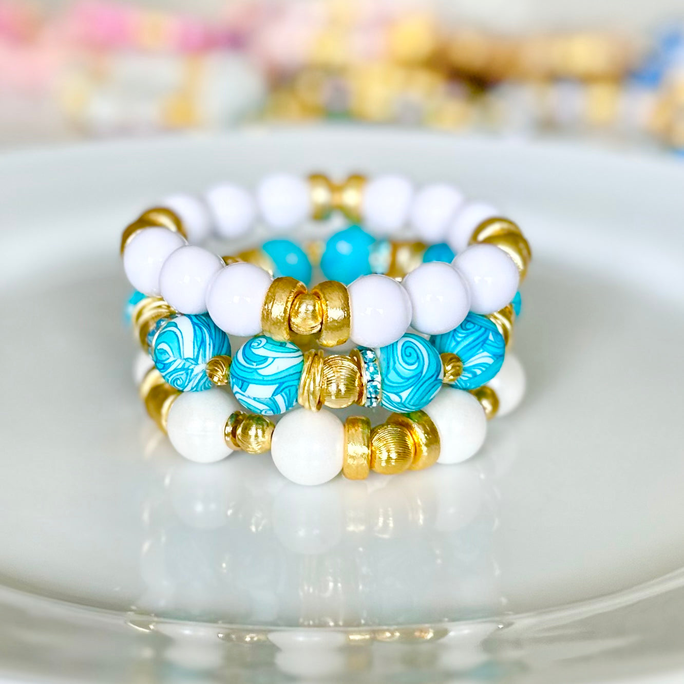 TURQUOISE AND WHITE PAISLEY PATTERN BANGLE WITH GOLD AND CZ BANGLE