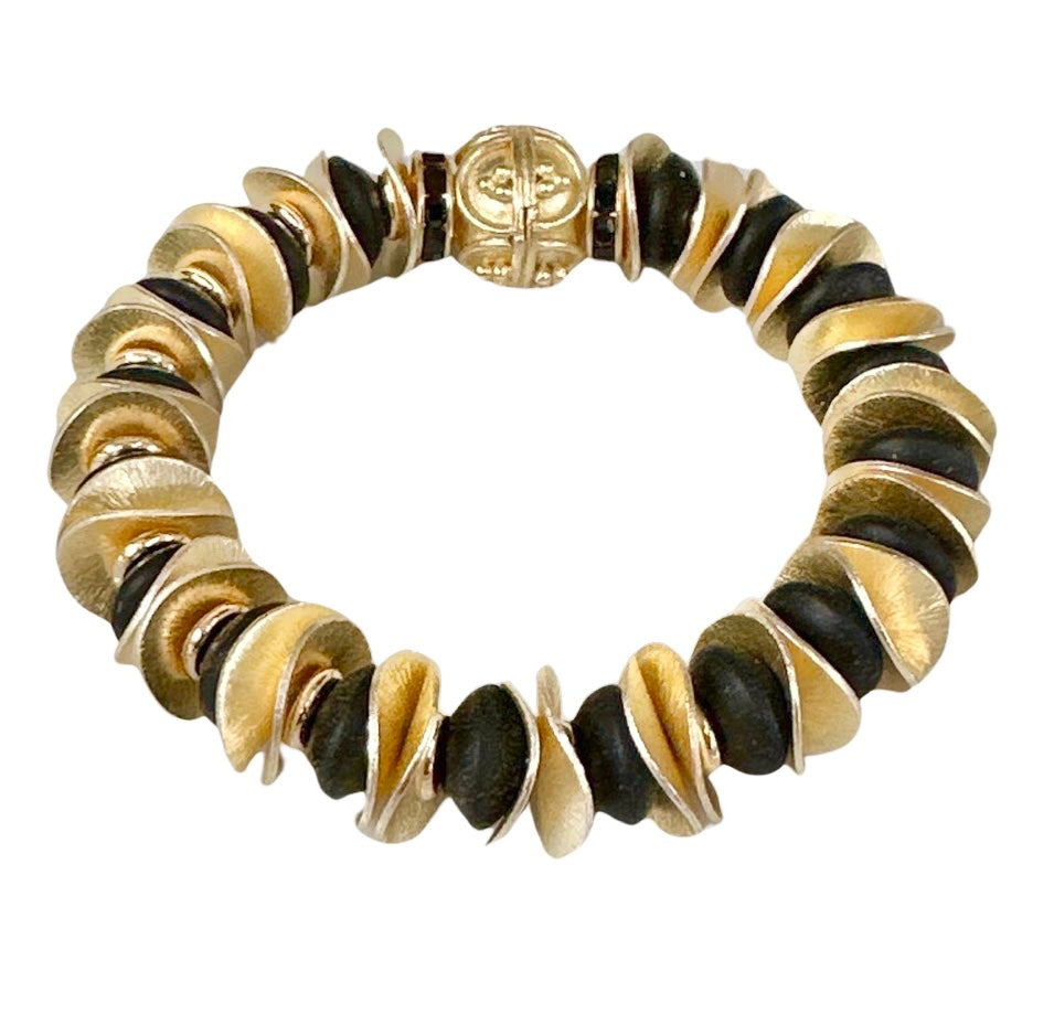 NEW! GOLD WAVY DISC AND BLACK STATEMENT BRACELET