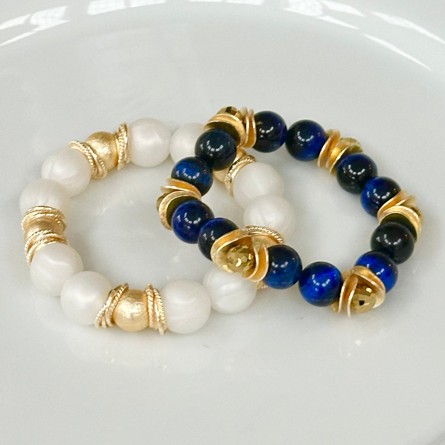 SAPPHIRE TIGERS EYE GEMSTONE BANGLE WITH GOLD WAVY DISC AND CRYSTAL ACCENTS