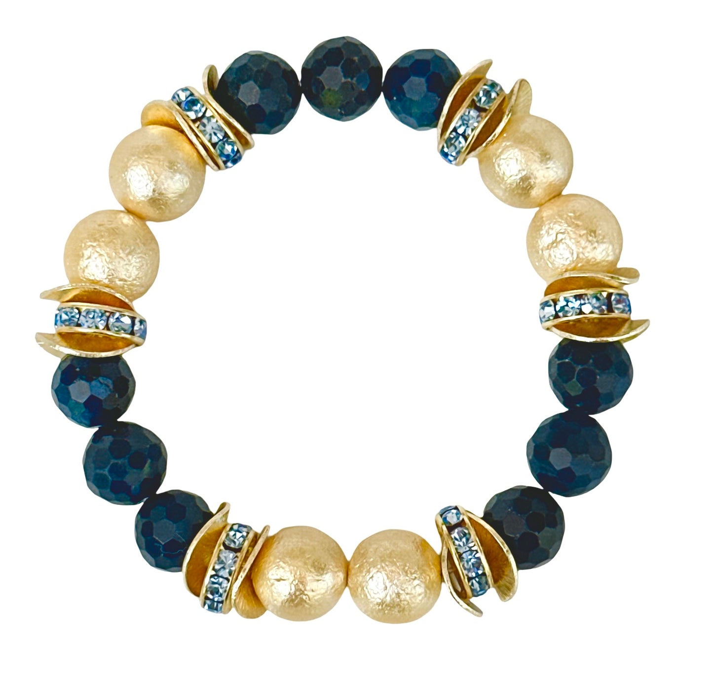 NAVY BLUE FACETED GEMSTONE, GOLD WAVY DISC BANGLE WITH GOLD AND CRYSTAL ACCENTS