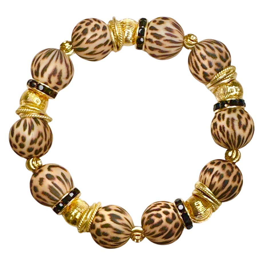 TAN AND BLACK CHEETAH PATTERN BANGLE WITH GOLD ACCENTS